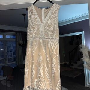 Eliza J Cream Lace Midi Dress nude underlay